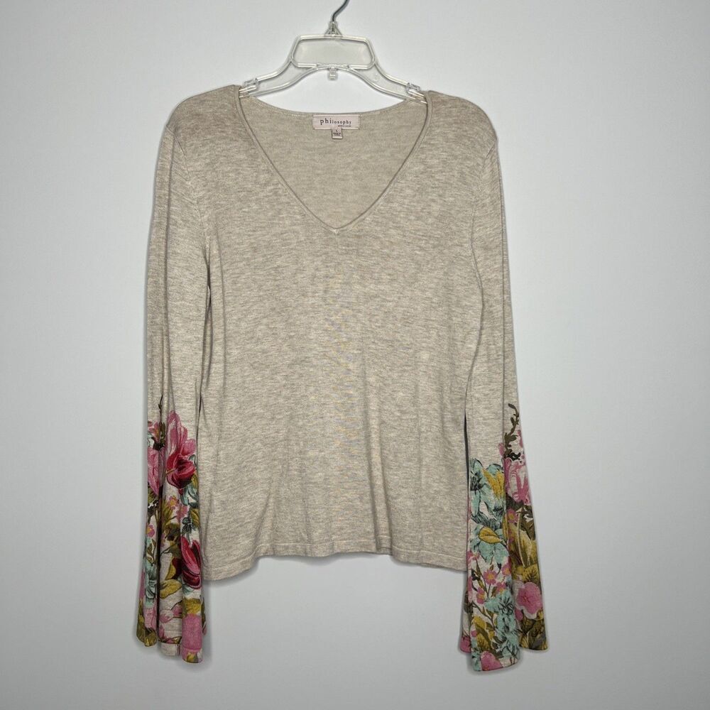 Philosophy Top Women Large Beige Floral Long Bell‎ Sleeve V-Neck Knit Sweater